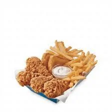 4-Piece Chicken Strip Basket on the Dairy Queen menu made with crispy chicken strips served with fries and dipping sauce