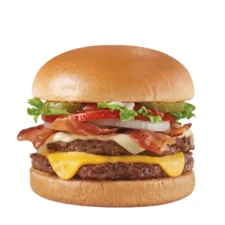 Two Cheese Deluxe Signature Stackburger on the Dairy Queen menu made with a beef patty, two types of melted cheese, lettuce, tomato, pickles, and sauce on a toasted bun