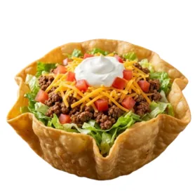 Beef Taco Salad with seasoned beef, lettuce, cheese, tomatoes, and crispy tortilla shell