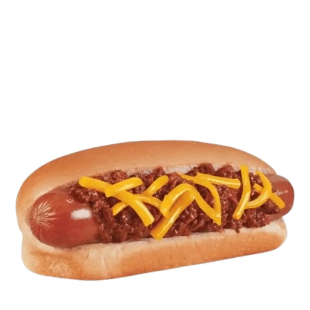 Chili Cheese Dog topped with warm chili and melted shredded cheese