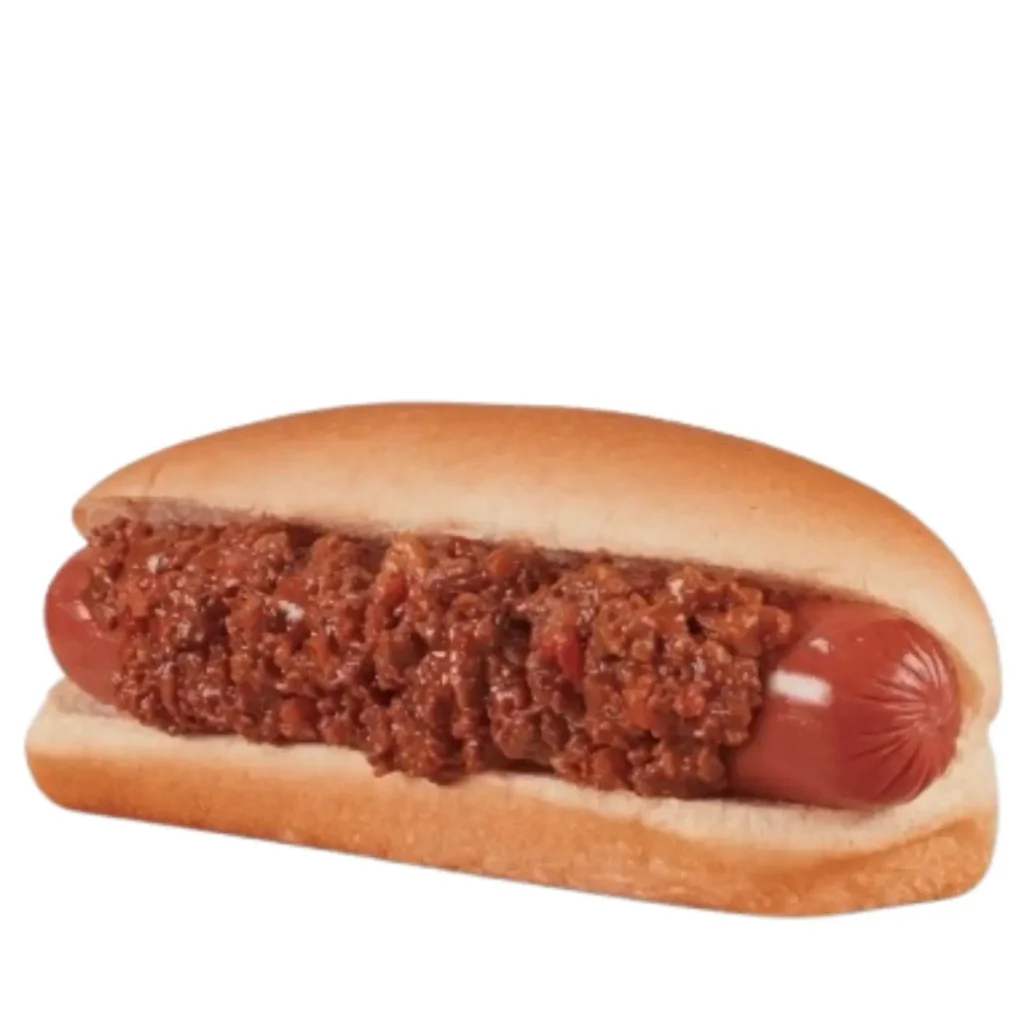 Chili Dog topped with warm chili and shredded cheese