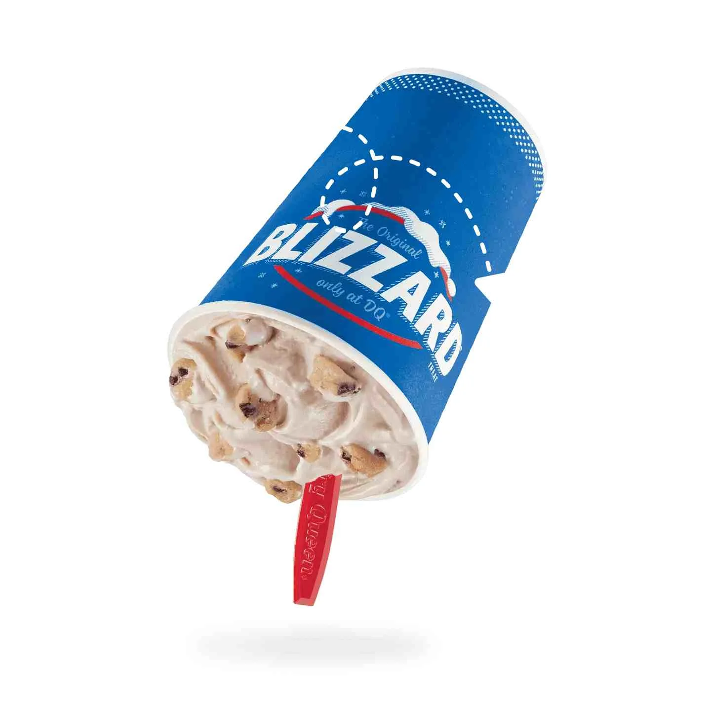 Chocolate Chip Cookie Dough Blizzard Treat held upside down showing vanilla soft serve mixed with chocolate chip cookie dough pieces