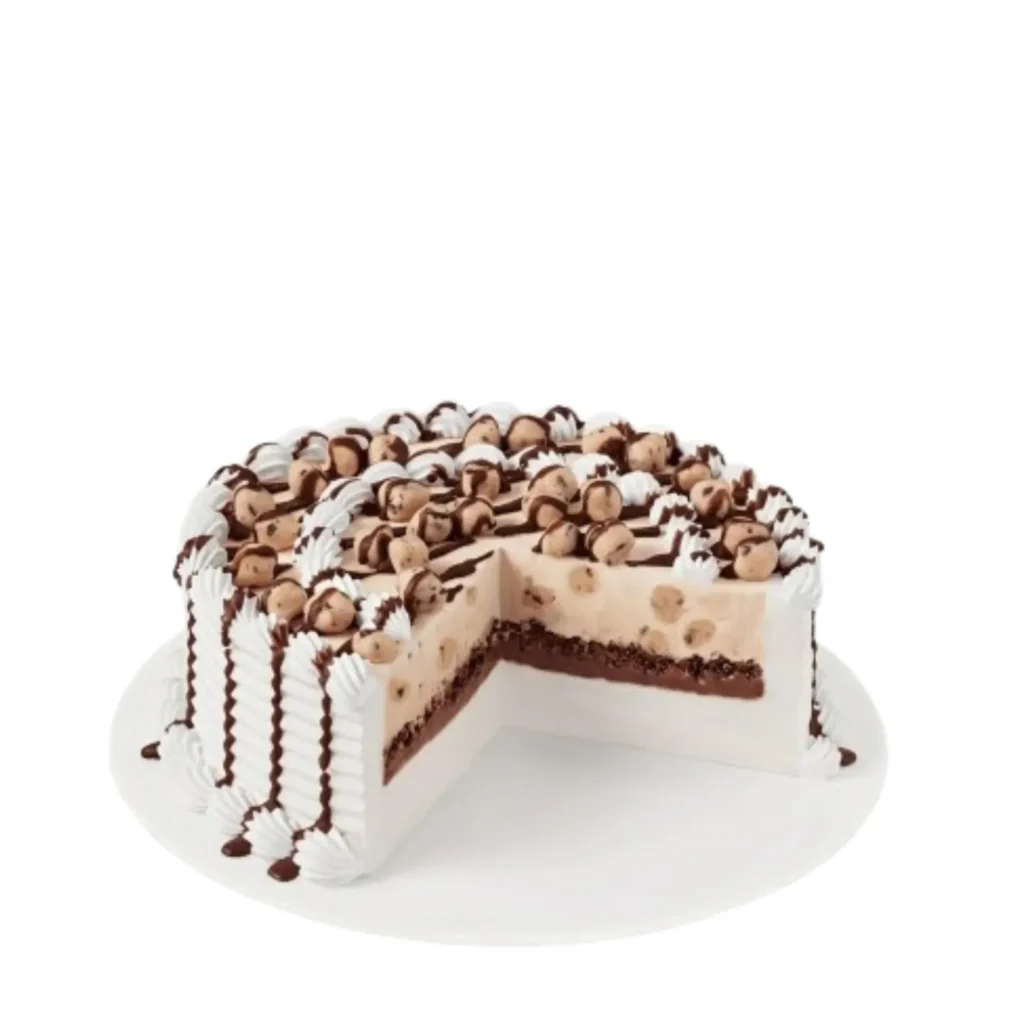 Chocolate Chip Cookie Dough Blizzard Cake with vanilla soft serve and chocolate chip cookie dough pieces