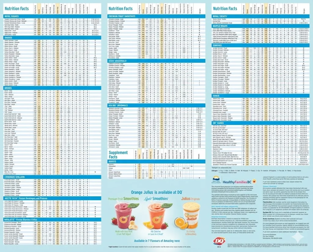 Dairy Queen nutritional information menu showing calorie and ingredient details