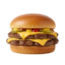 Double Cheeseburger on the Dairy Queen menu made with two beef patties, melted cheese, lettuce, tomato, pickles, and sauce on a toasted bun