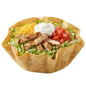 Grilled Chicken Taco Salad with lettuce, cheese, tomatoes, and crispy tortilla shell