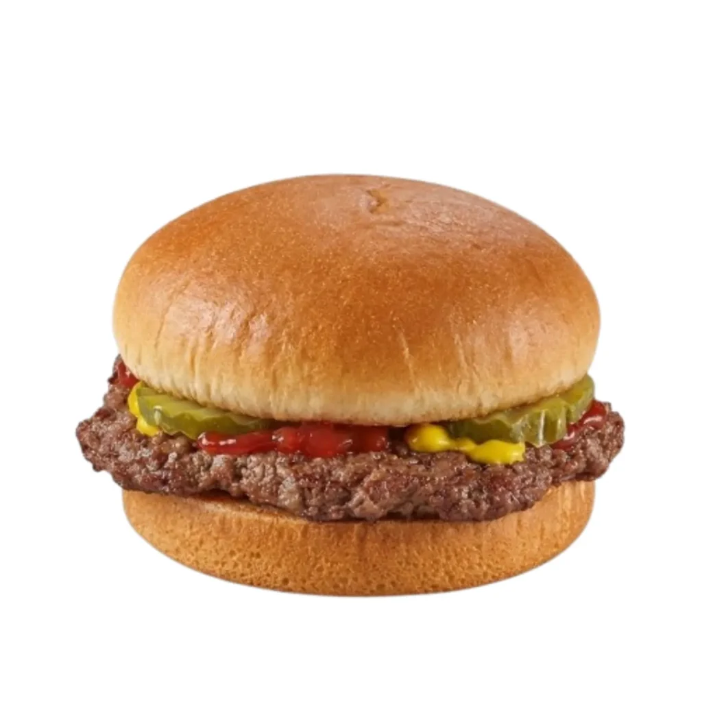 Classic Hamburger with pickles, onions, ketchup, and mustard on a toasted bun