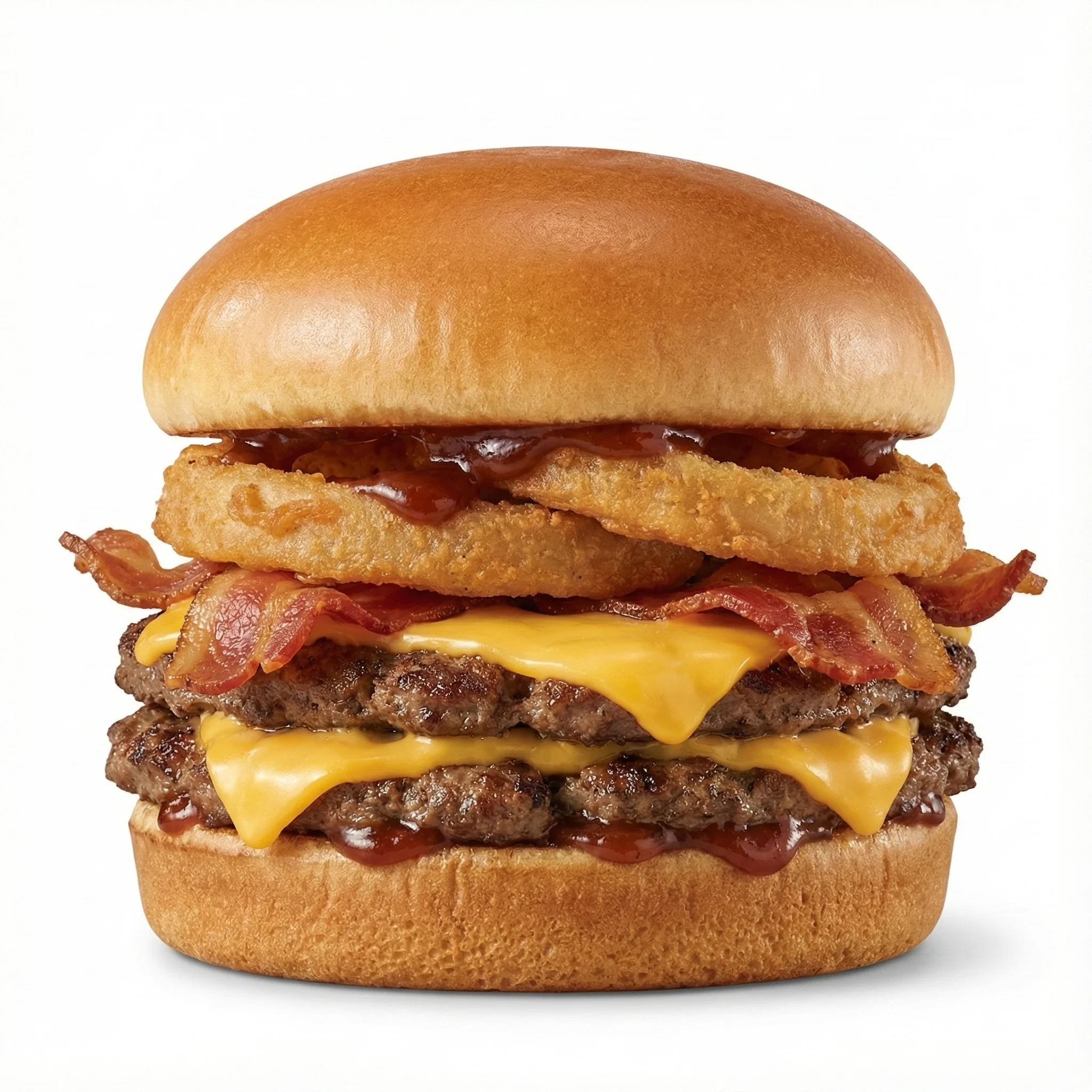 Loaded A.1.® Steakhouse Burger on the Dairy Queen menu made with a beef patty, melted cheese, crispy onion tanglers, lettuce, tomato, and A.1.® sauce on a toasted bun