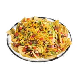 Nachos Deluxe with tortilla chips, melted cheese, beef, jalapeños, and sour cream