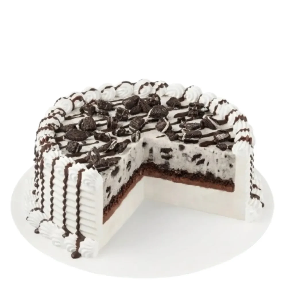OREO Blizzard Cake with vanilla and chocolate soft serve layers and OREO cookie pieces