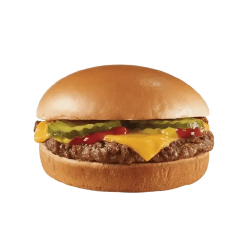 Original Cheeseburger with melted American cheese, pickles, and onions on a toasted bun