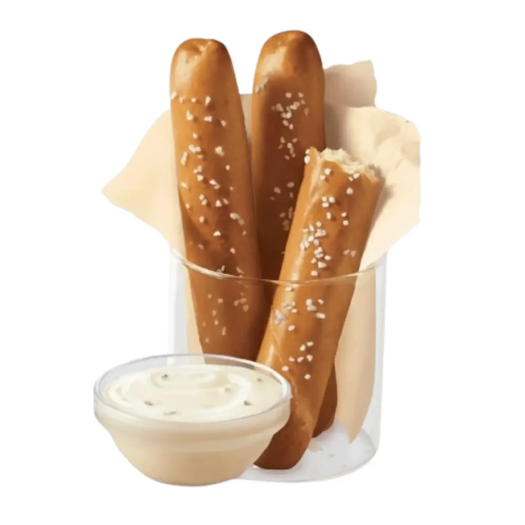 Pretzel sticks served with zesty queso dipping sauce