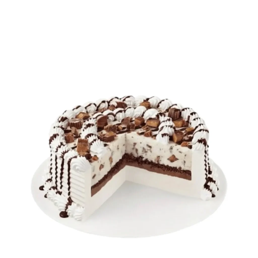 Reese's Peanut Butter Cup Blizzard Cake with peanut butter and chocolate layers and Reese's pieces
