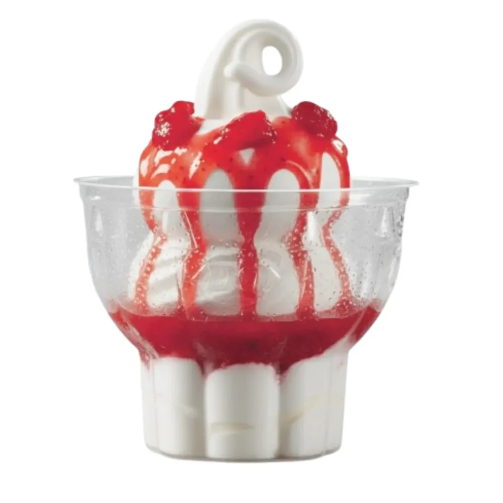 Small vanilla sundae topped with chocolate sauce