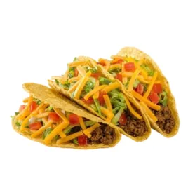 Texas T-Brand Tacos with seasoned beef, lettuce, cheese, and crispy taco shells