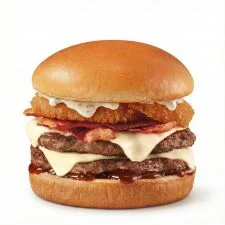 Backyard Bacon Ranch Signature Stackburger on the Dairy Queen menu made with a beef patty, crispy bacon, melted cheese, lettuce, tomato, and ranch sauce on a toasted bun