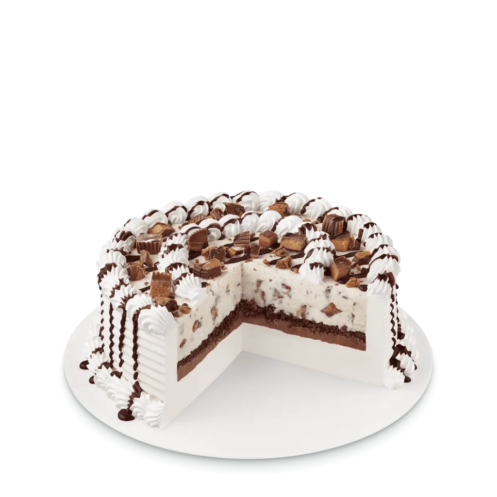 Dairy Queen Reese's Peanut Butter Cup Blizzard Cake with chocolate fudge and Reese's pieces