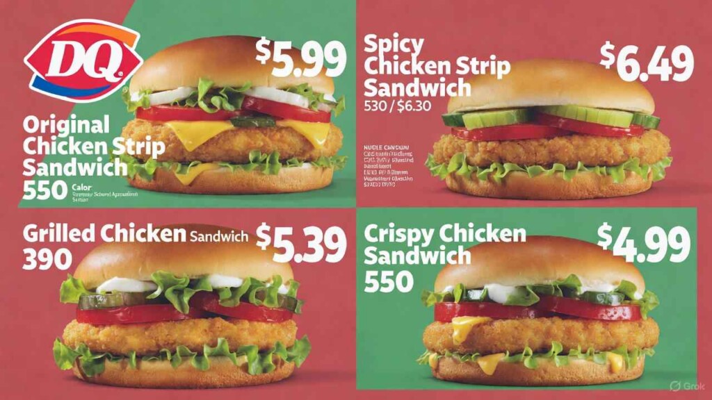 Dairy Queen Sandwiches with Prices 2 Dairy Queen sandwich menu showing Original Chicken Strip Sandwich, Spicy Chicken Strip Sandwich, Grilled Chicken Sandwich, and Crispy Chicken Sandwich with prices and calorie information.