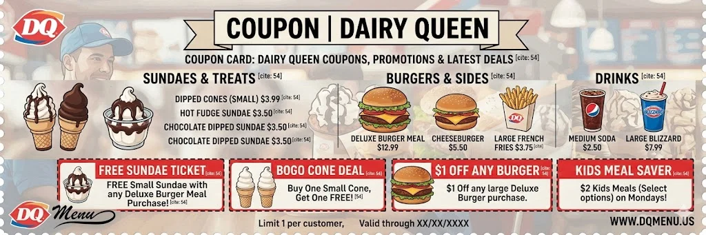 Dairy Queen coupon card showing deals on Sundaes & Treats, Burgers & Sides, and Drinks, including Free Sundae Ticket, BOGO Cone Deal, $1 Off Any Burger, and Kids Meal Saver offers. Valid at DQMenu.us.