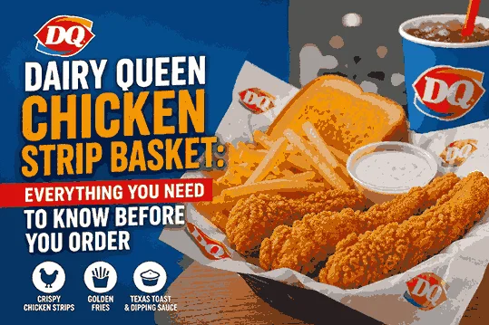 Dairy Queen Chicken Strip Basket: Everything You Need to Know Before You Order 1 Dairy Queen Chicken Strip Basket with crispy chicken tenders, fries, Texas toast, dipping sauce, and soft drink featured in a bold promotional banner design.