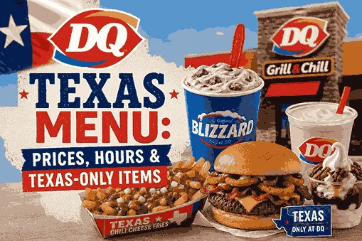 Dairy Queen Texas Menu featured image showing Blizzard, burger, fries, sundae, and shake in front of a DQ Grill & Chill restaurant with bold text highlighting Texas-only items, prices, and hours.
